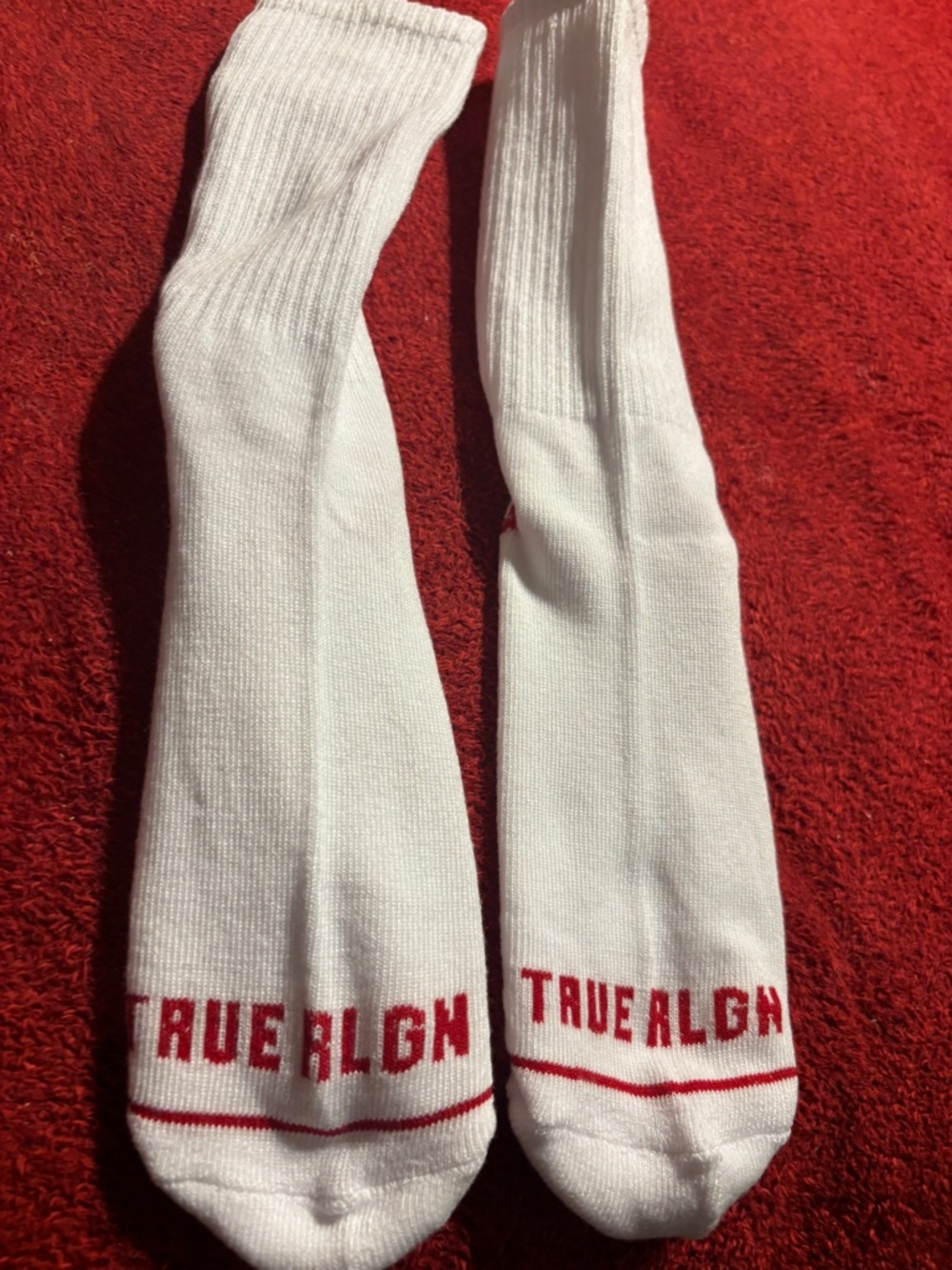 True Religion White Crew Socks with Red Logo Text size 7-12